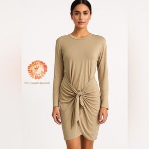 Chrysanthemum Women’s Long Sleeve Knotted Dress Large Beige Bodycon Mini